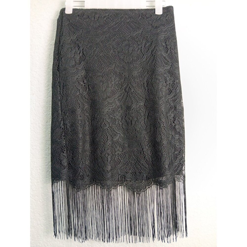 Black‎ Lace Fringe Pencil Skirt S Lace Overlay Gothic Cocktail Festival Feminine